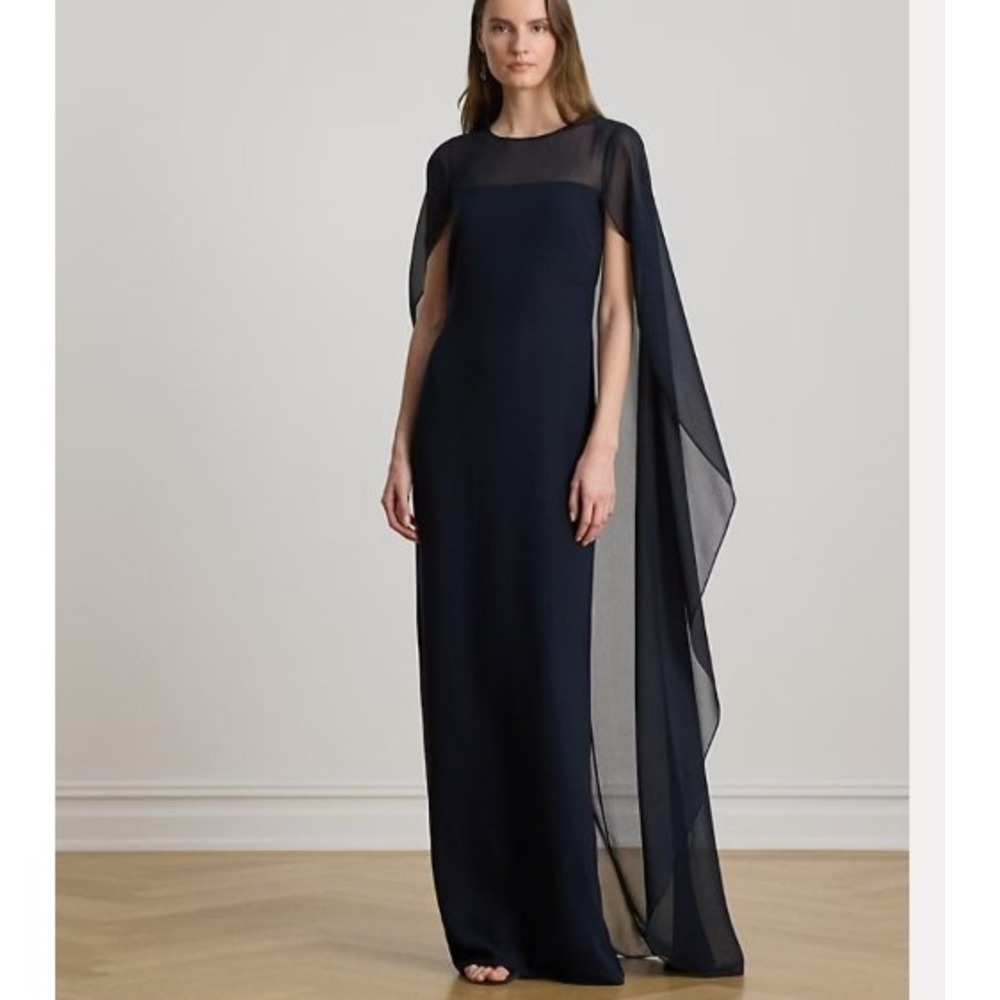 Lauren Ralph Lauren Sheer Cape Glamorous Georgette Gala Ball Gown Navy 12 Chic